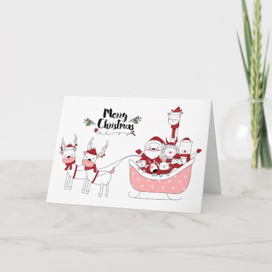 Cartes Pour Fêtes Annuelles Père Noël à main jolie avec animaux Noël (Devant)