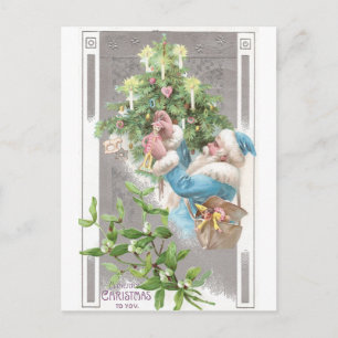 Cartes Pour Fêtes Annuelles Père Noël antique en manteau bleu avec arbre de No