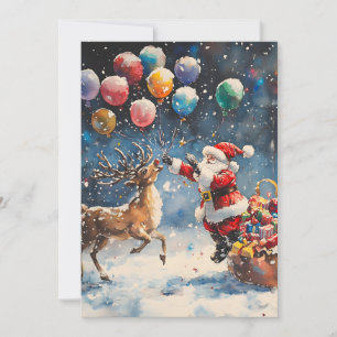 Cartes Pour Fêtes Annuelles Père Noël aquarelle festive Renne Ballon coloré
