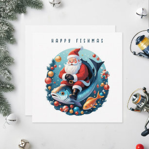 Cartes Pour Fêtes Annuelles Père Noël assis sur un poisson.