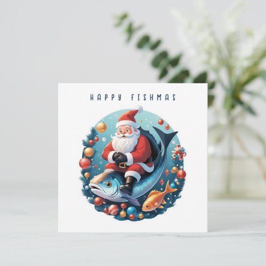 Cartes Pour Fêtes Annuelles Père Noël assis sur un poisson. (Debout devant)