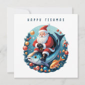 Cartes Pour Fêtes Annuelles Père Noël assis sur un poisson. (Devant)