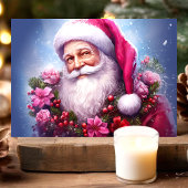 Cartes Pour Fêtes Annuelles Père Noël aux fleurs roses Noël