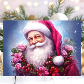 Cartes Pour Fêtes Annuelles Père Noël aux fleurs roses Noël