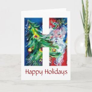 CARTES POUR FÊTES ANNUELLES PÈRE NOËL AVEC BALLONS ET MONOGRAMME D'ARBRE DE NO