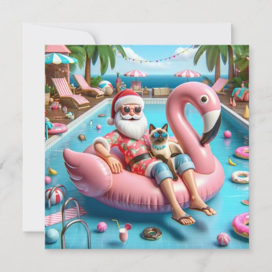Cartes Pour Fêtes Annuelles Père Noël avec chat flottant dans la piscine Noël (Devant)