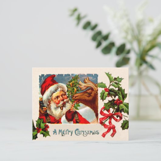 Cartes Pour Fêtes Annuelles Père Noël avec rennes (Debout devant)