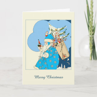 Cartes Pour Fêtes Annuelles Père Noël bleue vintage avec jouets de Noël