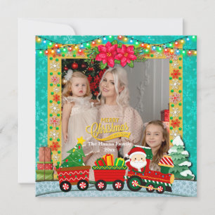 Cartes Pour Fêtes Annuelles Père Noël dans un train avec des cadeaux et un sap