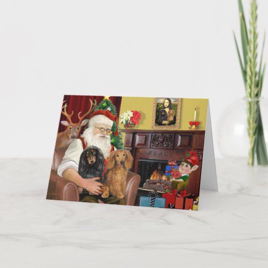 Cartes Pour Fêtes Annuelles Père Noël de deux longs Dachshunds (Devant)