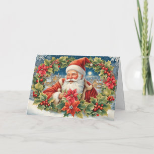 Cartes Pour Fêtes Annuelles Père Noël de Noël vintage avec couronne de poinset