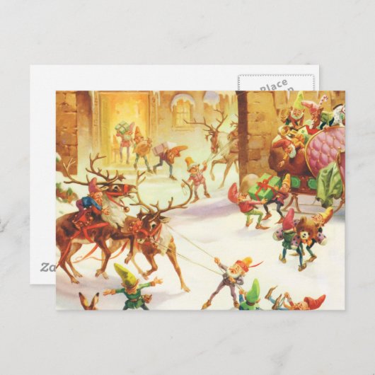 Cartes Pour Fêtes Annuelles Père Noël des elfes au pôle Nord (Devant / Derrière)