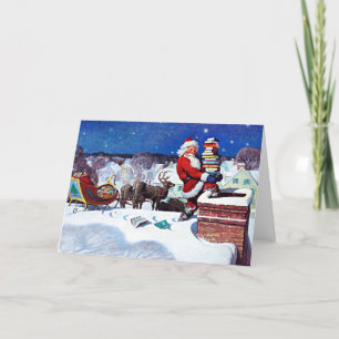Cartes Pour Fêtes Annuelles Père Noël descendant la cheminée avec une brassée