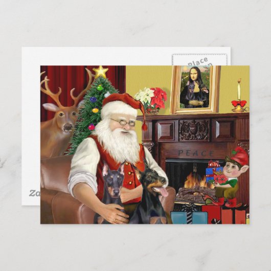 Cartes Pour Fêtes Annuelles Père Noël, deux Dobermans (Devant / Derrière)