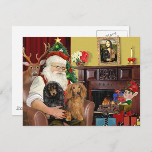 Cartes Pour Fêtes Annuelles Père Noël : Deux longs Dachshunds Haïrés (Devant / Derrière)