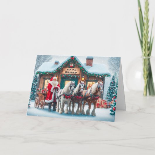 Cartes Pour Fêtes Annuelles Père Noël devant l'atelier avec les chevaux Noël (Devant)