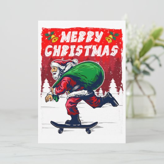 Cartes Pour Fêtes Annuelles Père Noël drôle en skateboard à Noël (Debout devant)