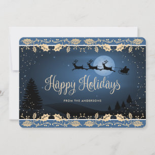 Cartes Pour Fêtes Annuelles Père Noël du houx neige dorée bleue