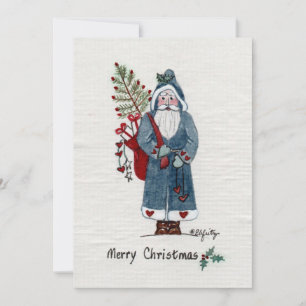 Cartes Pour Fêtes Annuelles Père Noël en Manteau Vert Peint Tan Papier