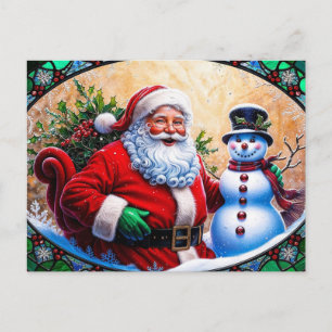 Cartes Pour Fêtes Annuelles Père Noël et bonhomme de neige Noël vitrail 