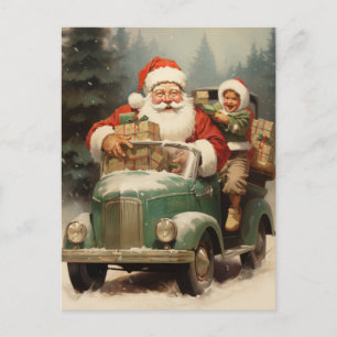 Cartes Pour Fêtes Annuelles Père Noël et enfant dans une petite voiture verte 