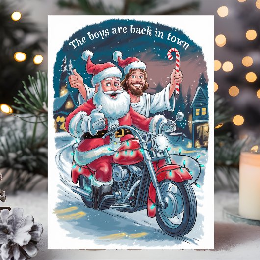 Cartes Pour Fêtes Annuelles Père Noël et Jésus sur une moto Noël amusant