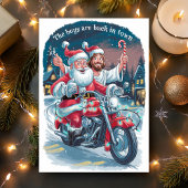 Cartes Pour Fêtes Annuelles Père Noël et Jésus sur une moto Noël amusant