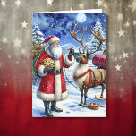 Cartes Pour Fêtes Annuelles Père Noël et Reindeer à la veille de Noël<br><div class="desc">Carte de Noël personnalisée avec une illustration de Père Noël mangeant des biscuits de puces de chocolat et un renne mangeant des carottes la veille de Noël.</div>