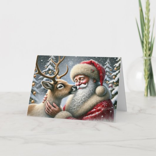 Cartes Pour Fêtes Annuelles Père Noël Et Reindeer, Forêt Neige, Arbre De Noël (Devant)