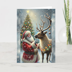 Cartes Pour Fêtes Annuelles Père Noël Et Reindeer, Forêt Neige, Arbre De Noël 