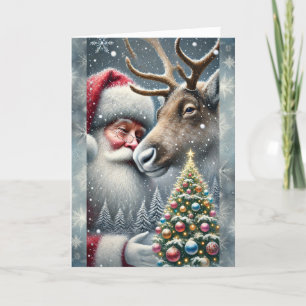 Cartes Pour Fêtes Annuelles Père Noël et Renne, Forêt enneigée, Sapin de Noël