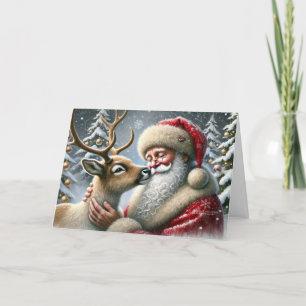 Cartes Pour Fêtes Annuelles Père Noël et Renne, Forêt enneigée, Sapin de Noël