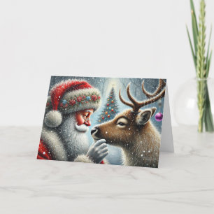 Cartes Pour Fêtes Annuelles Père Noël et Renne, Forêt enneigée, Sapin de Noël