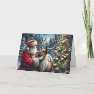 Cartes Pour Fêtes Annuelles Père Noël et Renne, Forêt enneigée, Sapin de Noël