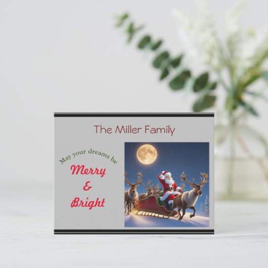Cartes Pour Fêtes Annuelles Père Noël et rennes avec pleine lune (Debout devant)