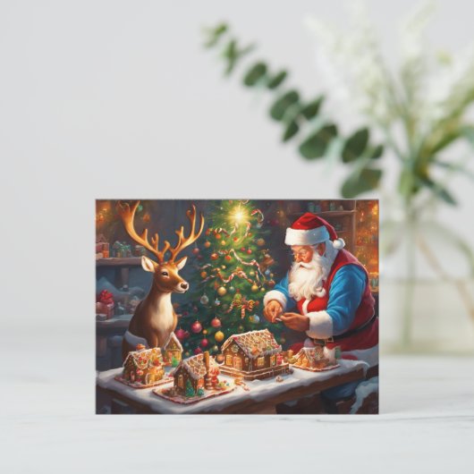 Cartes Pour Fêtes Annuelles Père Noël et rennes font maison de pain d'épices (Debout devant)