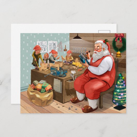 Cartes Pour Fêtes Annuelles Père Noël et ses elfes dans l'atelier (Devant / Derrière)