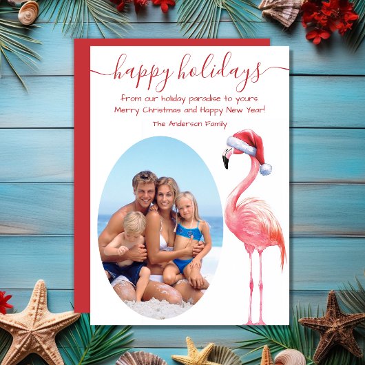 Cartes Pour Fêtes Annuelles Père Noël Flamant rose PHOTO Plage tropicale Noël