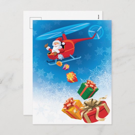 Cartes Pour Fêtes Annuelles Père Noël Jeter des cadeaux d'un hélicoptère amusa (Devant / Derrière)