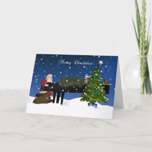 Cartes Pour Fêtes Annuelles Père Noël jouant le piano avec l'arbre et la neige