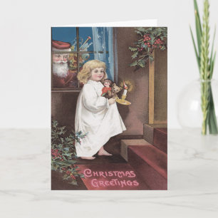 Cartes Pour Fêtes Annuelles Père Noël Jouets Petite Fille Mignonne Houx