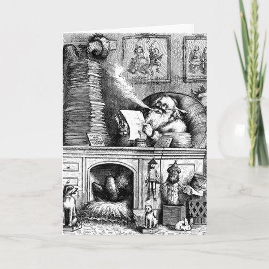 Cartes Pour Fêtes Annuelles Père Noël lisant son courrier (Devant)