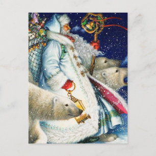 Cartes Pour Fêtes Annuelles Père Noël Marchant Avec Des Ours Polaires