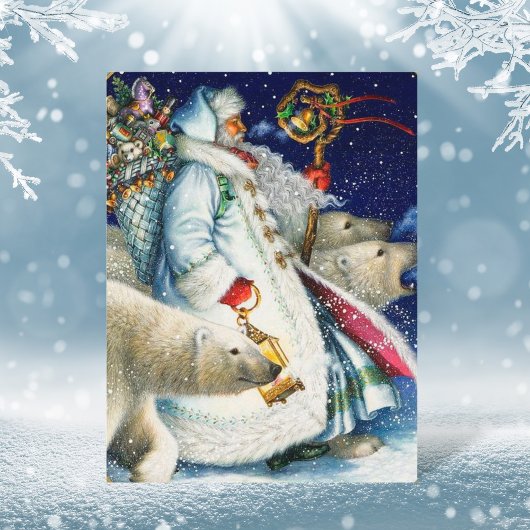 Cartes Pour Fêtes Annuelles Père Noël Marchant Avec Des Ours Polaires