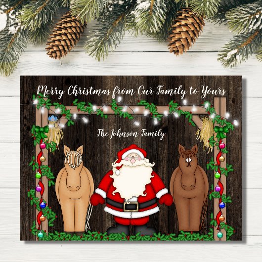 Cartes Pour Fêtes Annuelles Père Noël mignonne et Chevaux en Grange Joyeux app