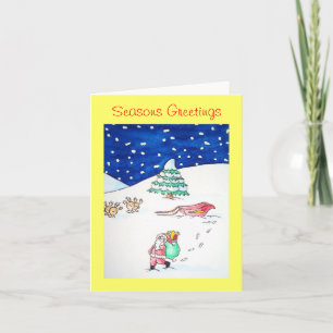 Cartes Pour Fêtes Annuelles père Noël mignonne et rennes dans la neige livrant