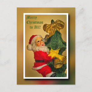 Cartes Pour Fêtes Annuelles Père Noël montant l'arbre de Noël - Vintage