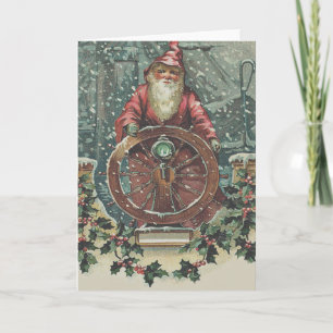 Cartes Pour Fêtes Annuelles Père Noël Navire Bateau Tempête de neige Holly