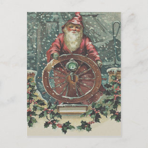 Cartes Pour Fêtes Annuelles Père Noël Navire Bateau Tempête de neige Holly