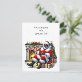 Cartes Pour Fêtes Annuelles Père Noël noire avec cheminée, Bas, Arbre (Debout devant)